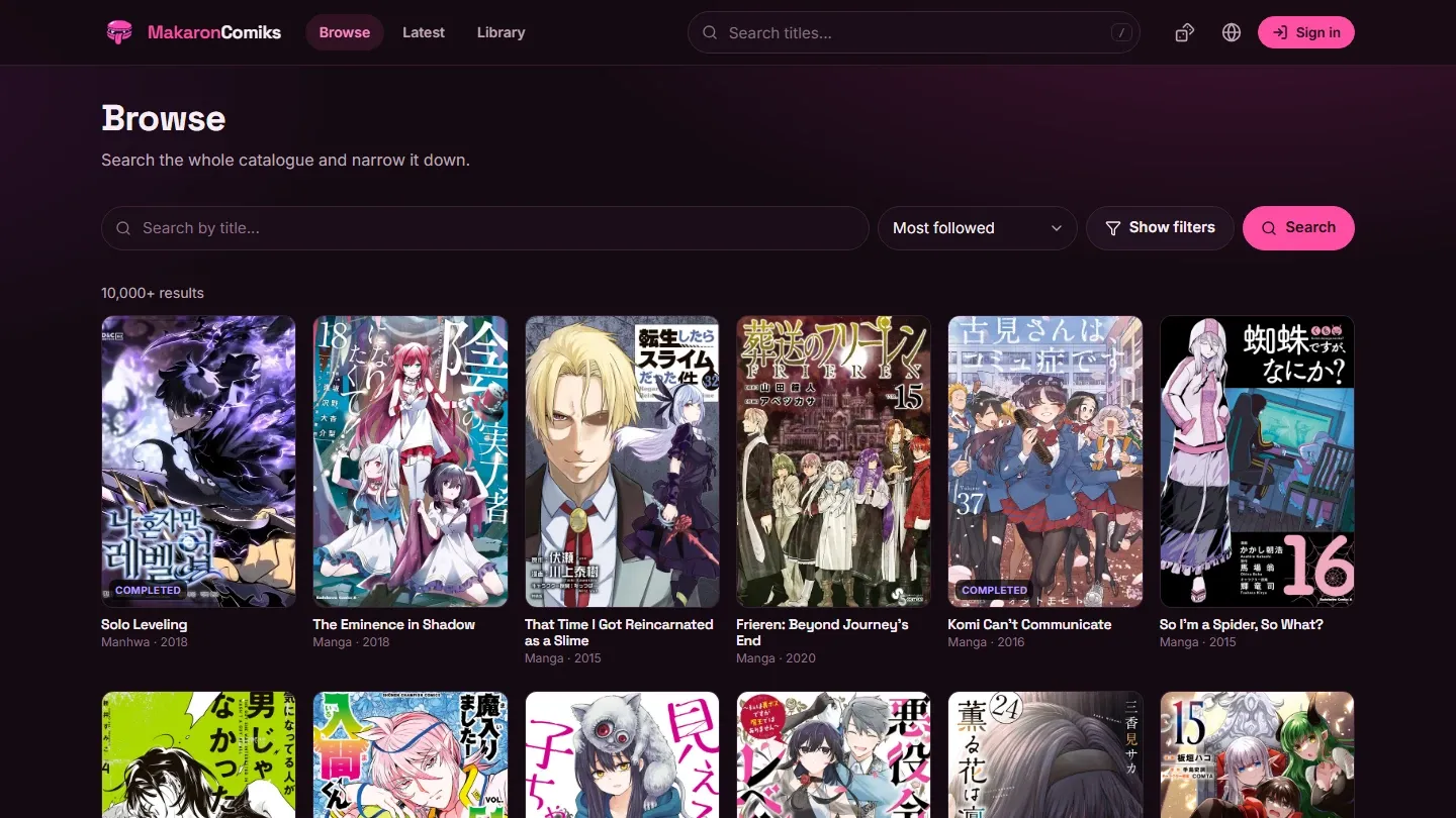 The MakaronComiks browse page with a search bar, sort and filter controls and a grid of series covers