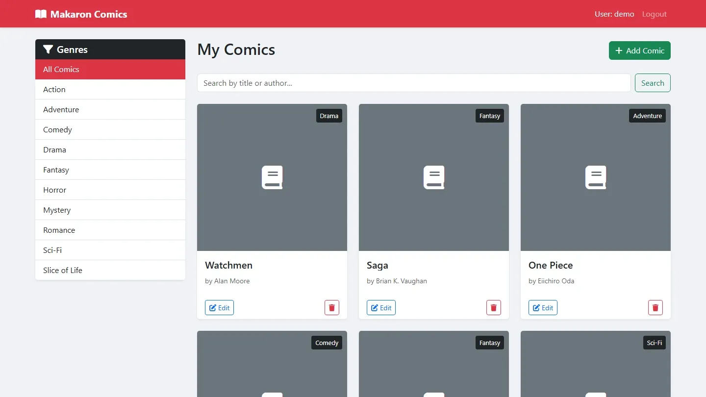 The My Comics page with a genre sidebar, a search bar and cards for six comics, each with a genre tag and edit and delete buttons