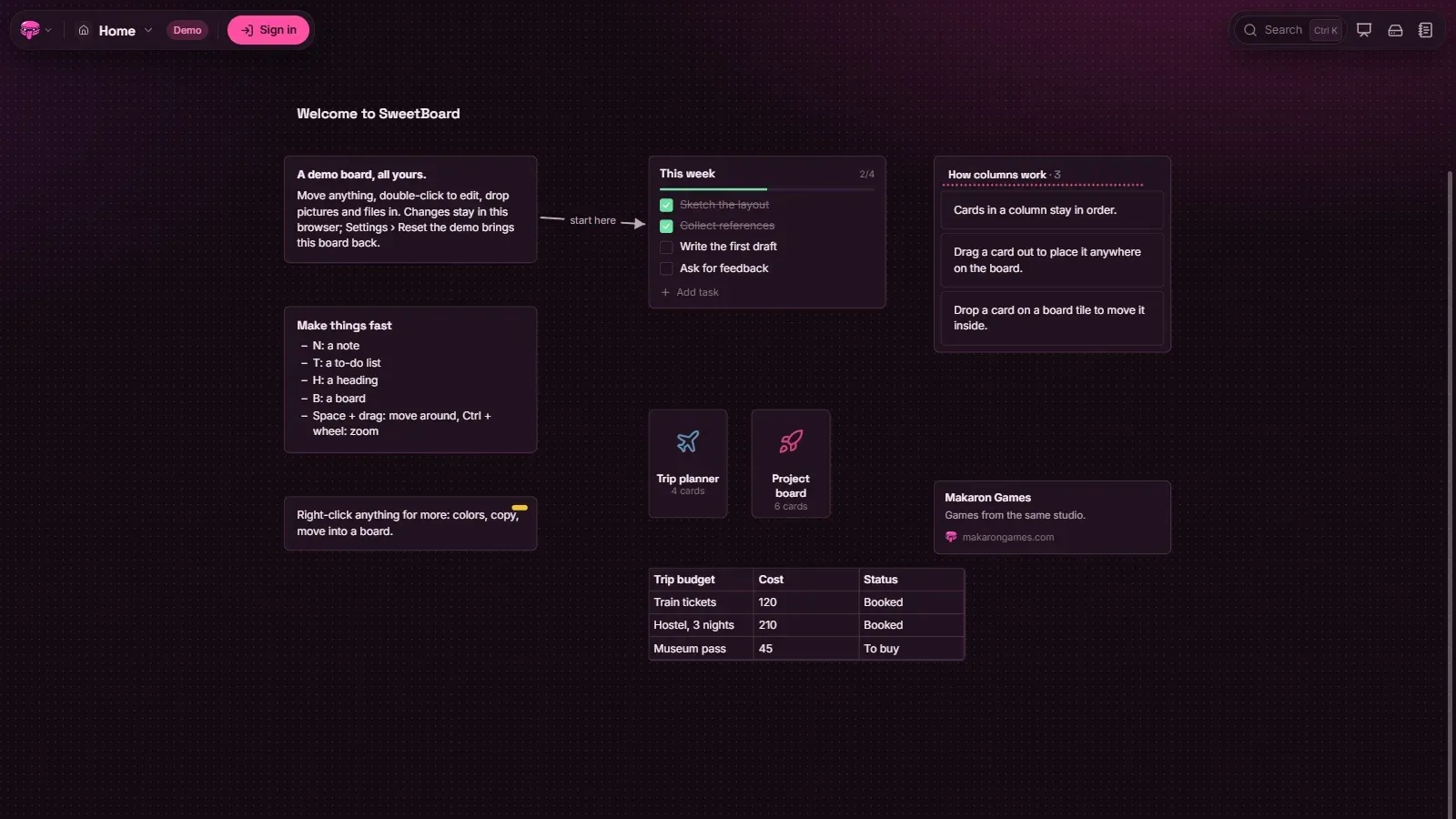 The SweetBoard demo board in dark mode with notes, a to-do list, board tiles, a table and the tool dock