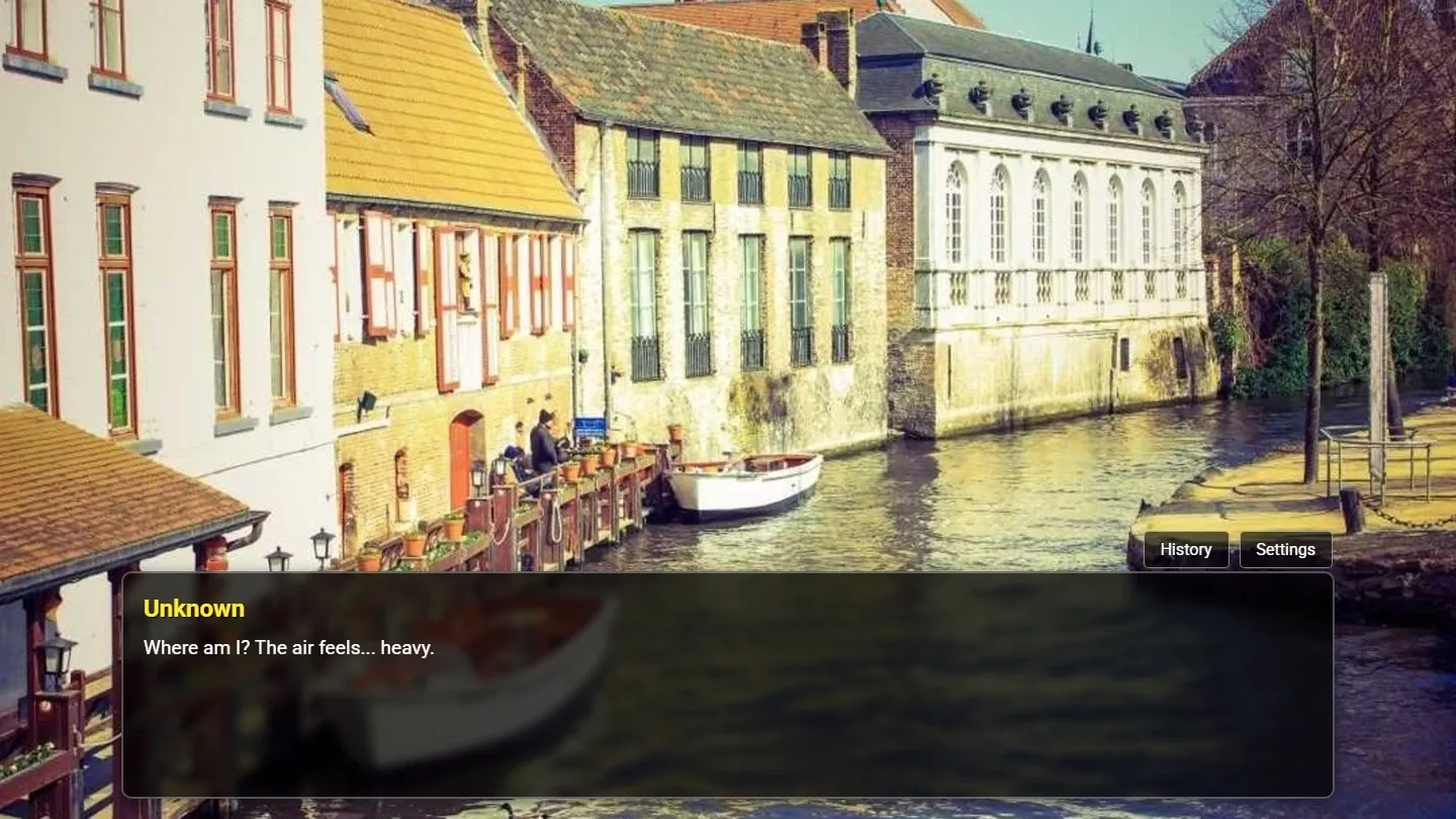 A canal-side street scene with a dialogue box at the bottom reading: Where am I? The air feels... heavy.