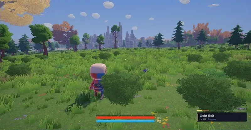 A mage in an open meadow with forests and distant ruins, the health and mana bars at the bottom of the screen