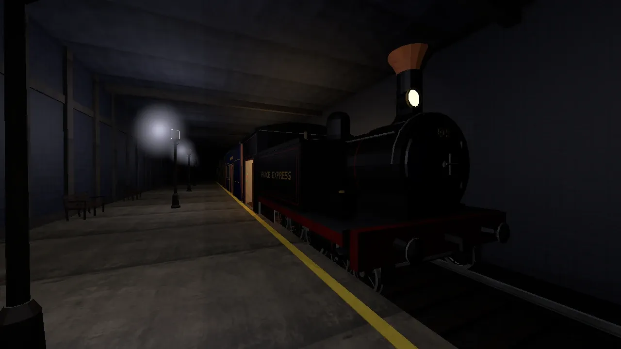 The Force Express steam locomotive waiting at a dim underground platform lit by street lamps