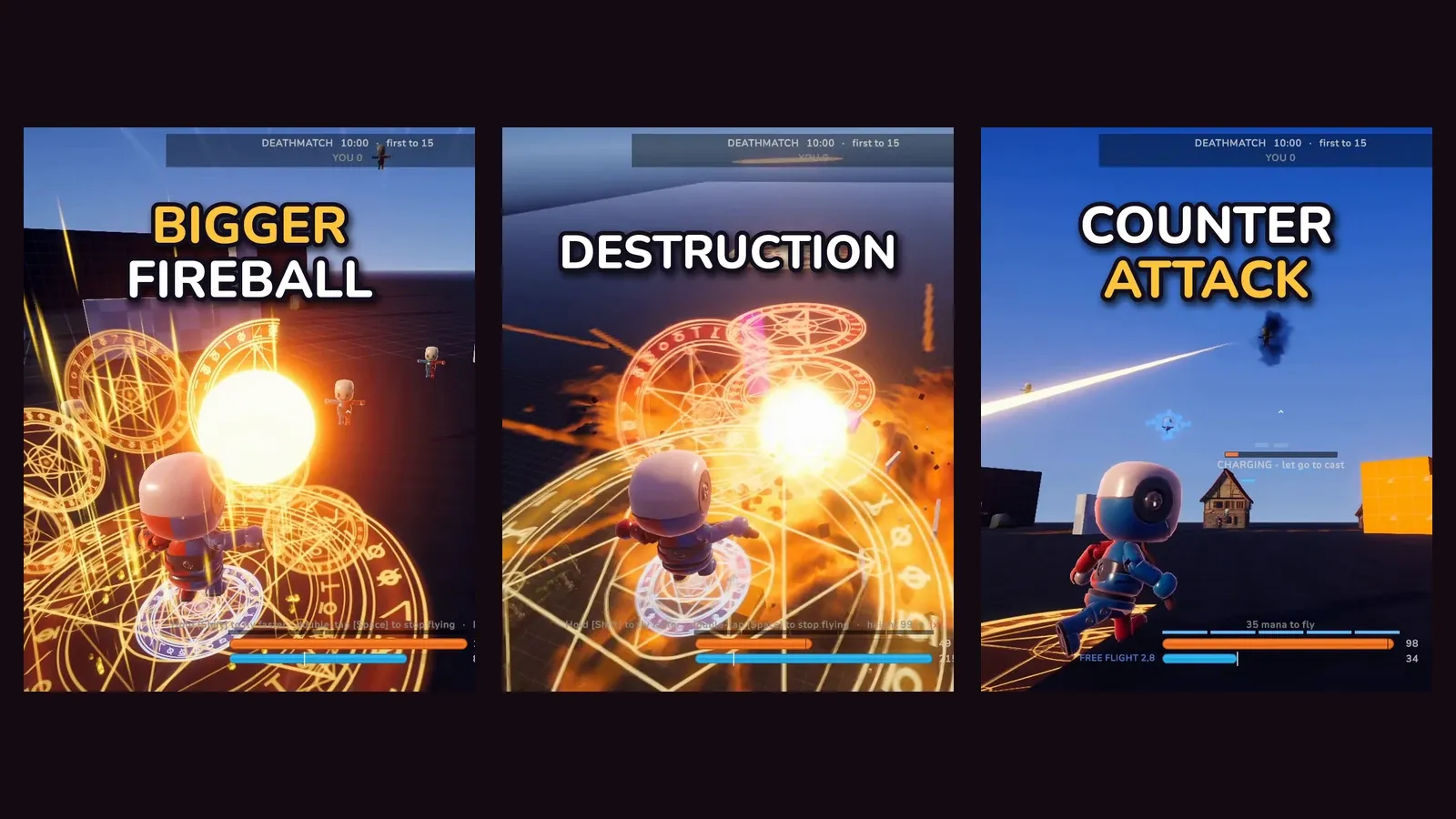 Three frames from a devlog reel the tool prepared, with captions reading Bigger Fireball, Destruction and Counter Attack over spell effects