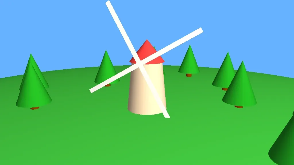 A windmill with a red roof and white blades on a green hill surrounded by cone-shaped trees under a blue sky