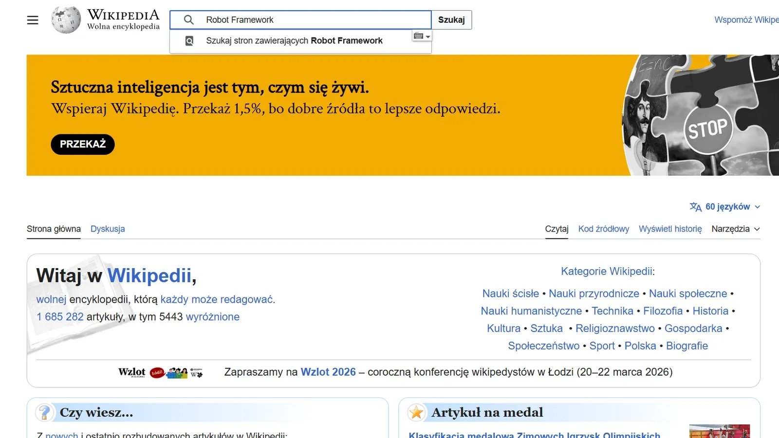 Chrome driven by the test: the term Robot Framework typed into the search box of a public encyclopedia site