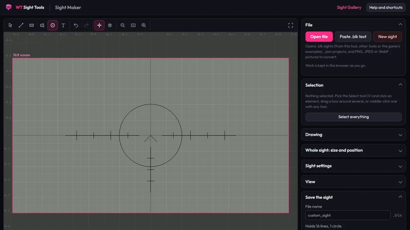 The Sight Maker editor with a simple crosshair drawn on the 16:9 screen, a toolbar above and file and settings panels on the right