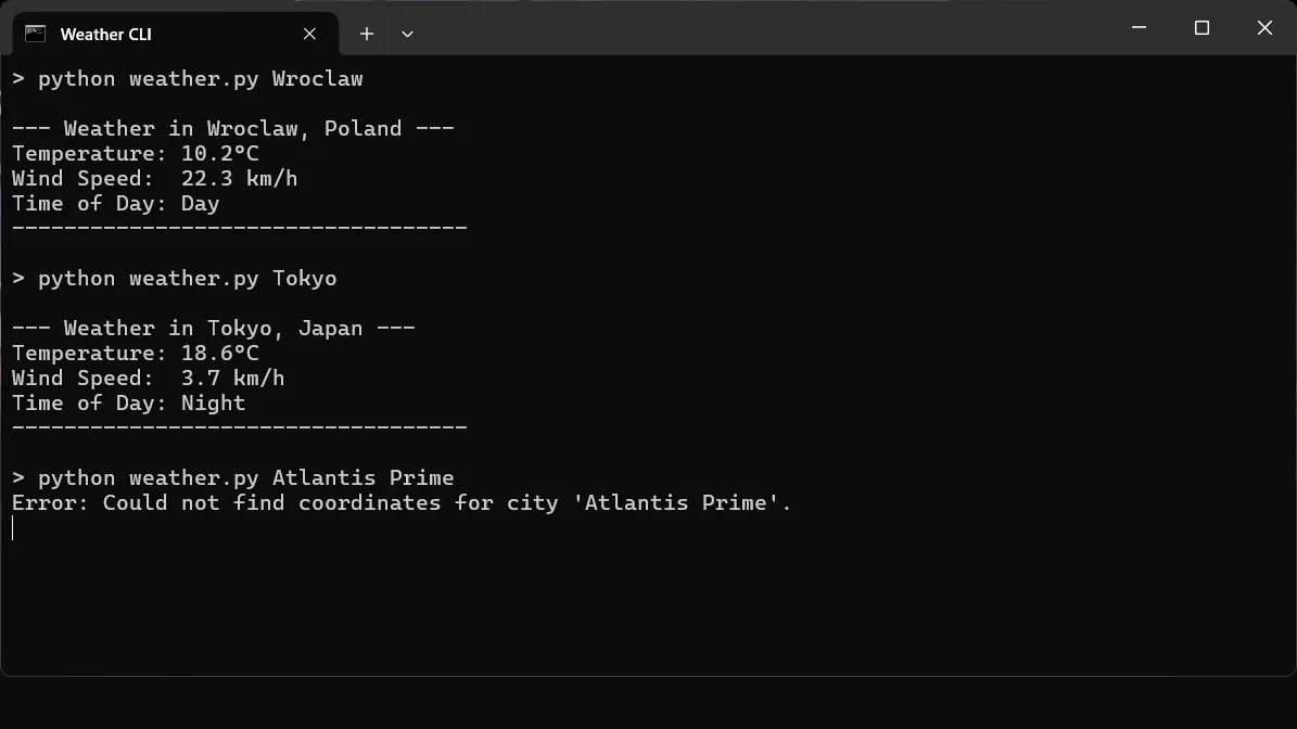 A terminal showing the current weather for Wroclaw and Tokyo, then an error message for a city that does not exist