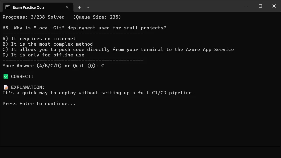 A terminal showing a multiple-choice cloud question answered correctly, with progress at the top and an explanation below